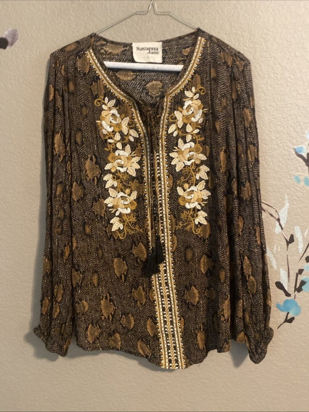 Savanna Jane Black Beige & Gold Snake Print Peasant Blouses Floral Embroidery L